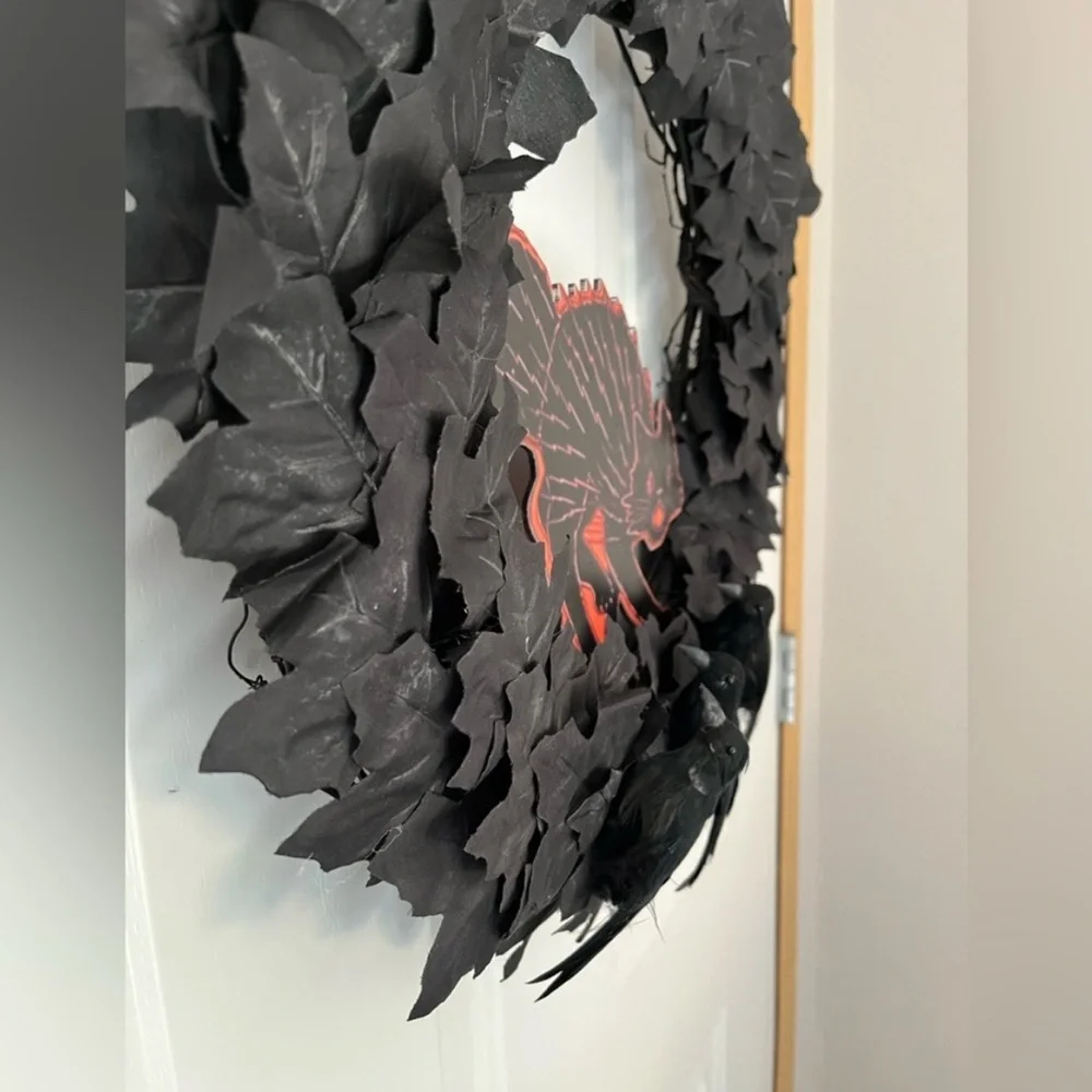Hand Crafted Black Scaredy Cat Raven Wreath Black Leaves Black Orange Cat Goth